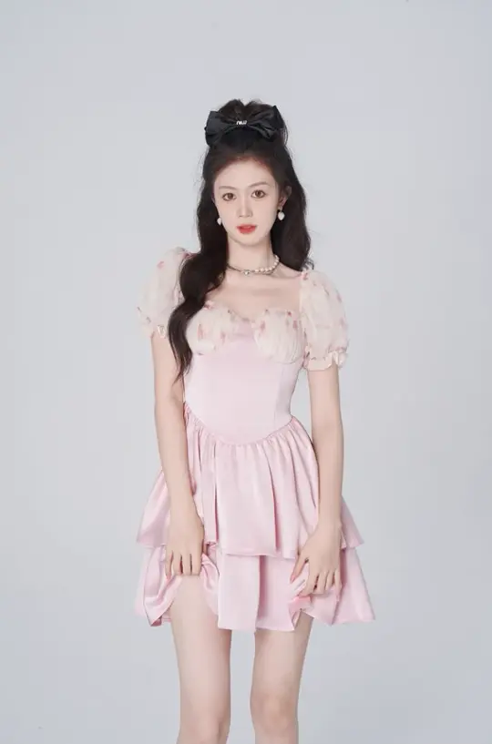 Floral dress women's summer puff sleeve A-line short skirt new pink high-end skirt R4454