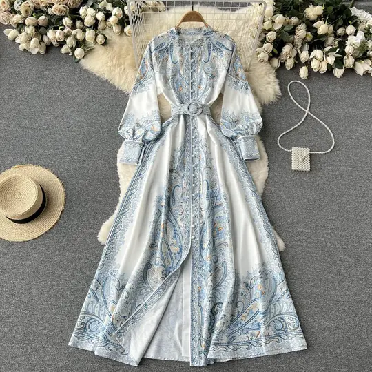 Retro palace style lantern sleeves printed dress with a wide swing and an A-line knee-length skirt R2167
