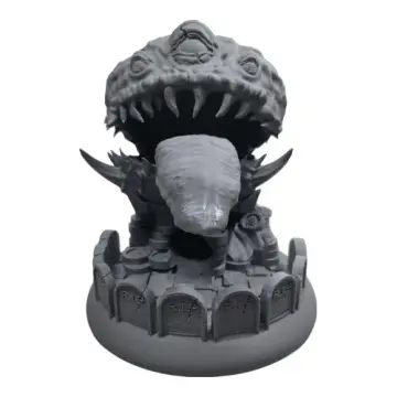 Unpainted 3D-printed three-eyed mimic dice tower ringed by RIP headstones and treasure, tabletop RPG dice tower for D&D, Pathfinder and wargaming