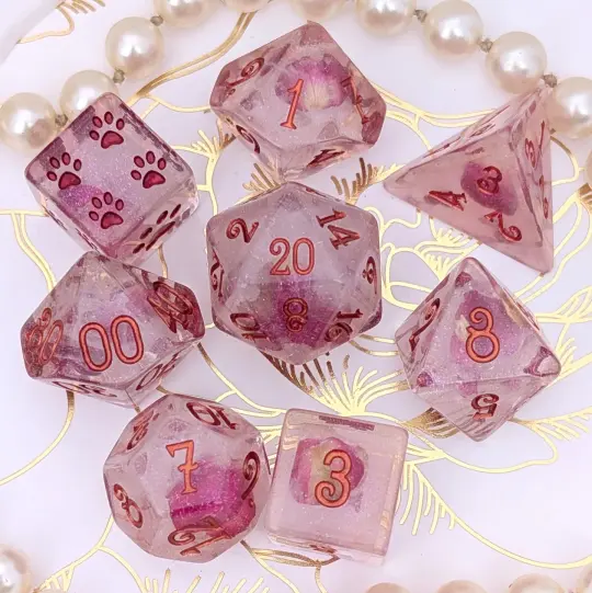 Eternal Rose DnD Dice Set, 8-Piece Rose Petal Resin Dice