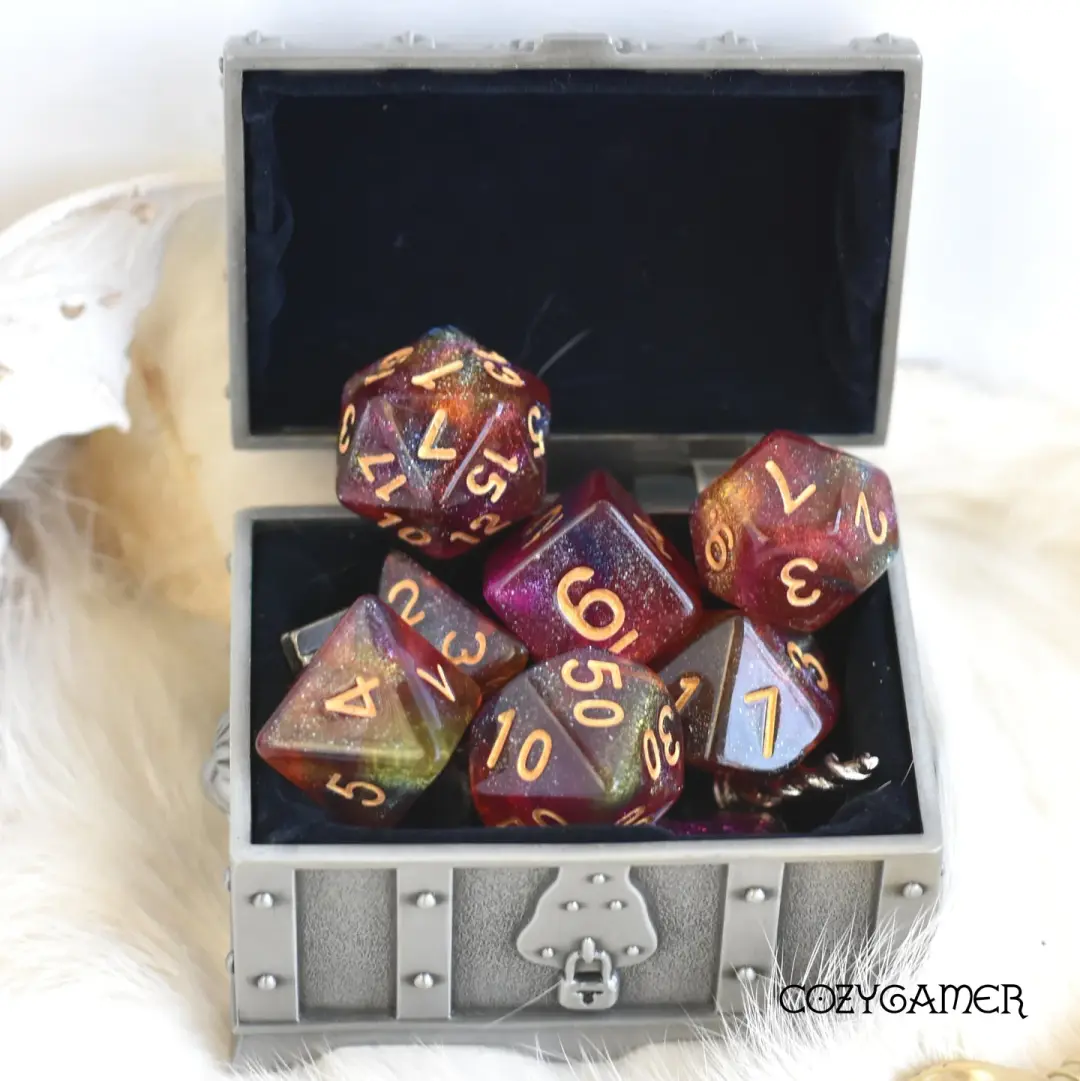 Wild Rose Will O Wisp Dice Set. Glitter TTRPG Dice