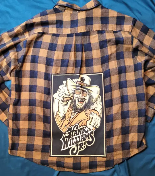 Hank Williams Jr cartoon patch flannel, XL. Repurposed brown and blue buffalo check flannel