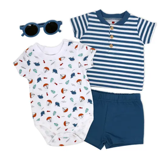 Mini Hop Baby Boys 4 Piece Whales and Ships Bodysuit, Polo Shirt, Shorts and Sunglasses Set, 12M