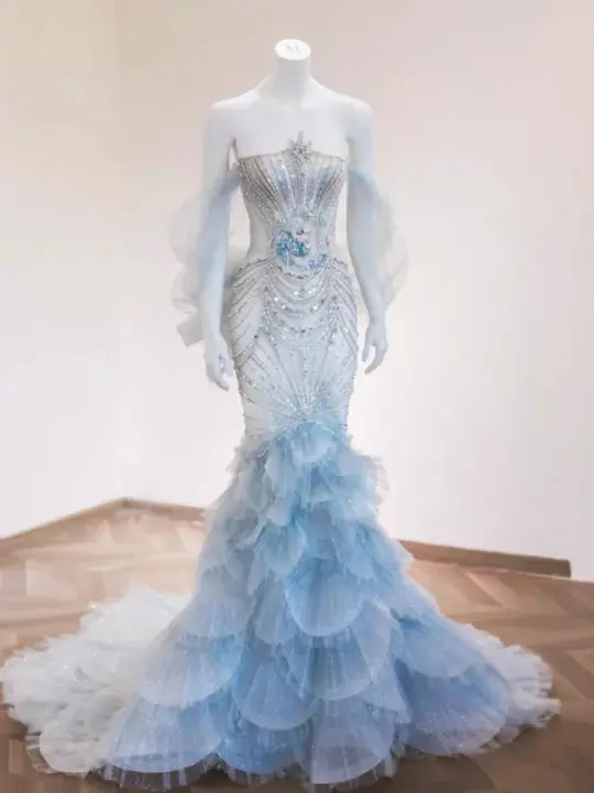 Blue series off-shoulder fitted waist slim-fit fairy mermaid skirt ball gown R6444