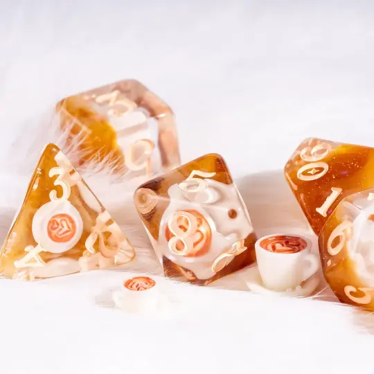 Coffee Cup Dice Set – 8pc Resin Dice with Tiny Cup & Saucer Latte Art