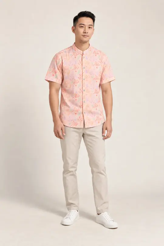 Men's Mandarin-collared Shirt - Pink Floral Bamboo