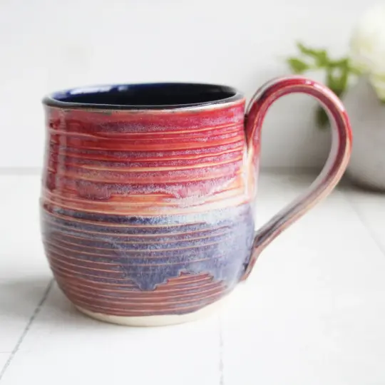 Beautifully Glazed Purple and Pink and Dark Blue Pottery Mug, 13 Ounce, Made in USA