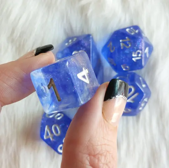 Blue Veil Dice Set – 7-Piece Translucent Blue Shimmer DnD Dice