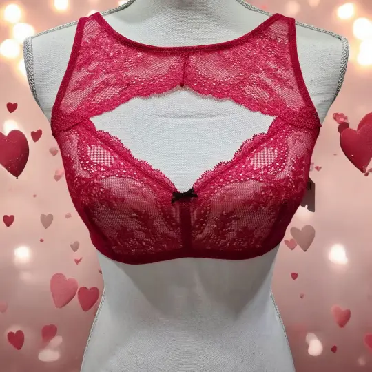 Betsey Johnson Red Lace Bralette with Cut-Out Front & Black Bow Detail