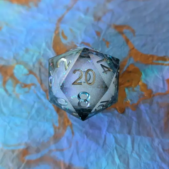 Mystic Storm Liquid Core D20 – 1.5" Grey Rainbow Glitter Swirling Die