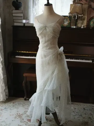 Bohemian White Sheath Spaghetti Straps Polka Dots Tulle Maxi Prom Dress Evening Dress RS516