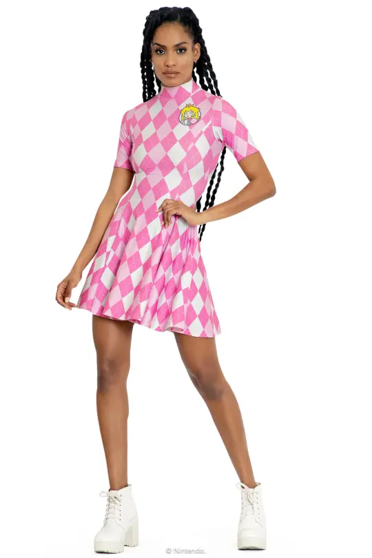 Princess Peach Argyle Short Sleeve Evil Mini Skater Dress