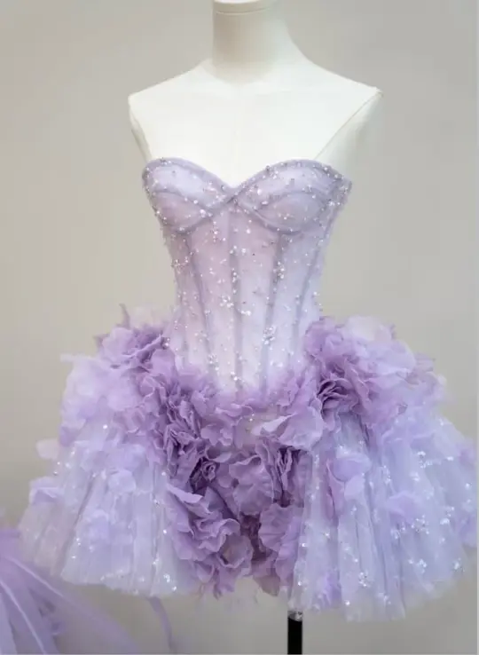 French Chic Lavender A-Line Strapless Purple Applique Bodycon Mini Dress Homecoming Dress RS252