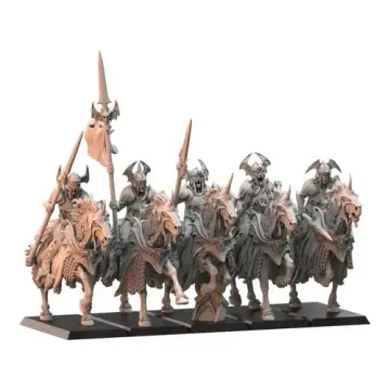 Unpainted 32mm 3D-printed vampire knights on barded nightmare steeds with lances and bat banner, tabletop wargame and RPG miniature for D&D, Pathfinder and rank and flank armies