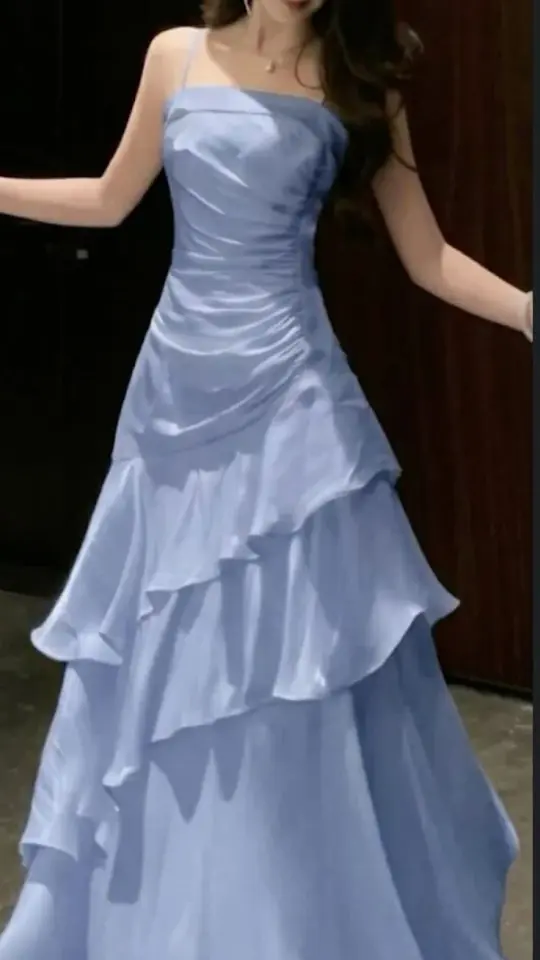 Elegant Pale Blue A-Line Strapless Satin Long Dress with Flouncing Evening Dress Prom Dress  RS008