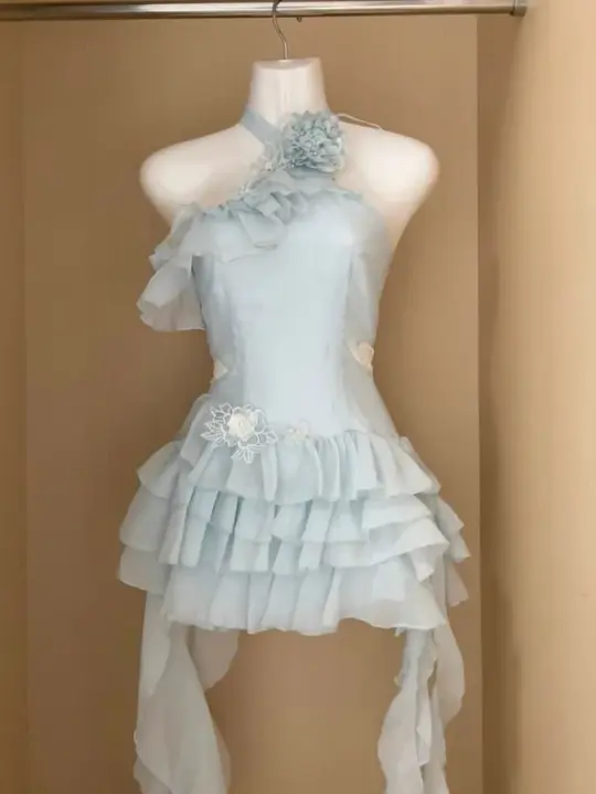 Flowy Pale Blue Homecoming Dress ,A-Line Halter Applique Mini Summer Dress Prom Dress RS1099