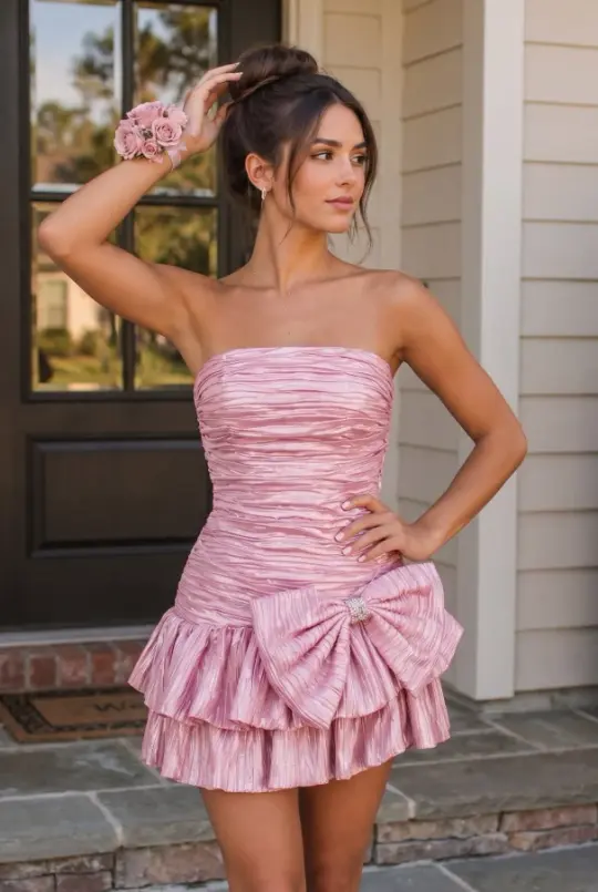 Sparkly Ruffled Pleated Women's Homecoming Dress Pink Corset Short Prom Dress Party Dress RS2615