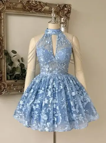 Tulle Halter Hazy Women's Homecoming Dress Blue Corset Short Prom Dress RS2255
