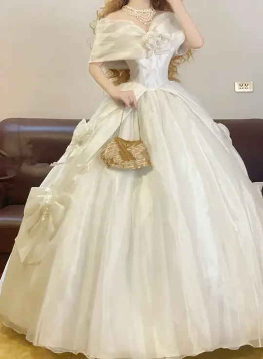 White Off-the-Shoulder Retro Elegant Waist-Cinched Puffy-Hem Ball Gown, Bridal Gown R7334