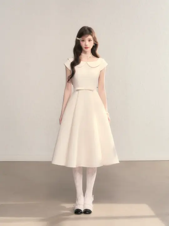White baby doll collar waist slim A-line mid-length skirt homecoming dress R5413