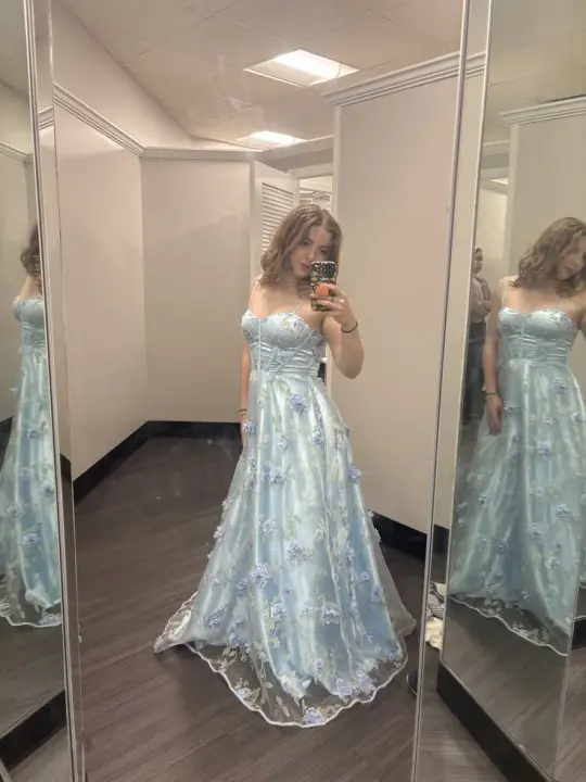 Hazy Tulle Applique Women's Prom Gown Pale Blue Waist Fitted Maxi Evening Dress Birthday Dress — Fall Outfit 2026 New  RS3254