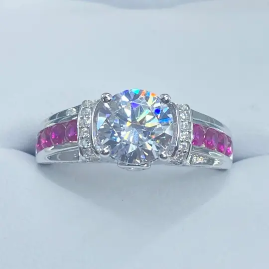White CZ Ring, Size 9, Red Ruby Inlay Gems, Art Deco Jewelry #D220 - Ready to Ship