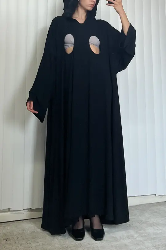 SAMPLE #52 - S Boob Cutout Linen Death Cloak - Black