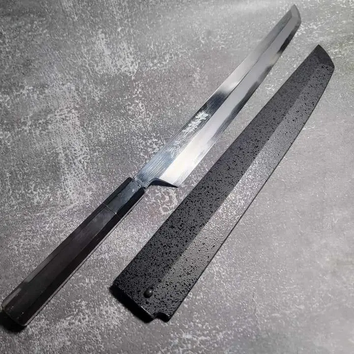 Sakai Takayuki Genbu by Itsuo Doi Blue #2 Mirror Polished 330m Sakimaru Yanigiba with Ebony Handle and Saya