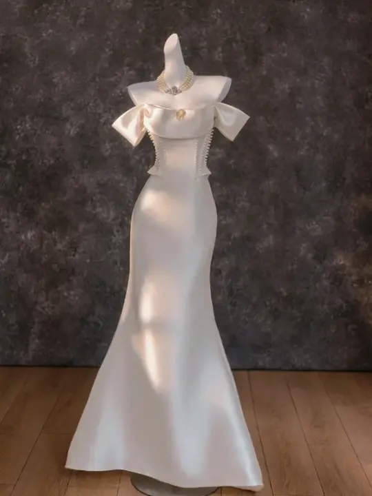 White satin one-shoulder slim waist hip fishtail long dress bridal gown R5788