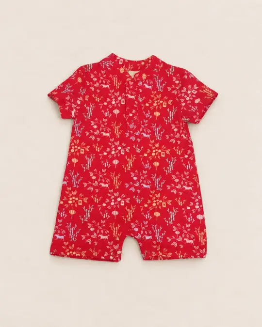 Mandarin-collared Polo Romper - Red Floral Bamboo