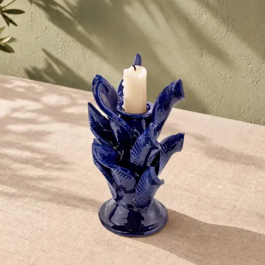 Blue Pineapple Swirling Leaves Candle Holder