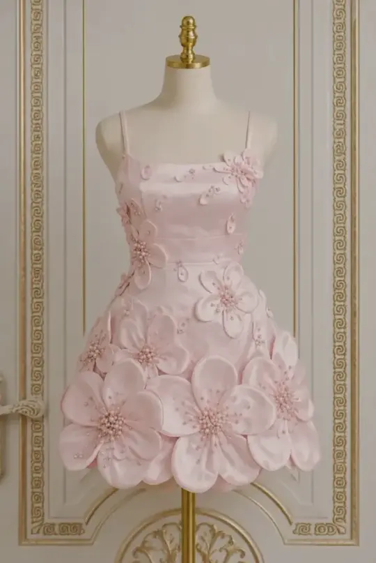 Sweet Blush Pink A-Line Spaghetti Straps Applique Corset Mini Birthday Dress Homecoming Dress RS648