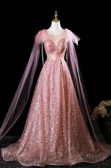 Elegant Light Pink Glitter A-Line Sheer Straps Maxi Prom Dress Evening Dress RS459