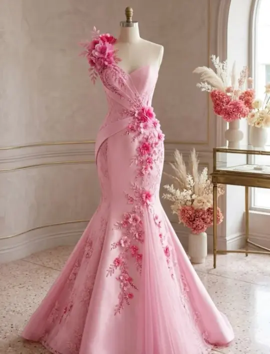 Gorgeous Pink Prom Dress ,Mermaid One-shoulder Applique Bodycon Romantic Maxi Evening Dress RS1198