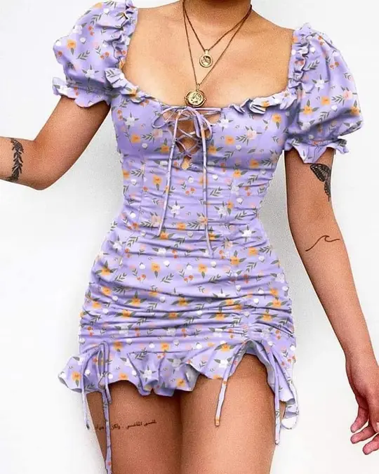 Purple floral puff sleeve waist hip skirt homecoming dress R3847
