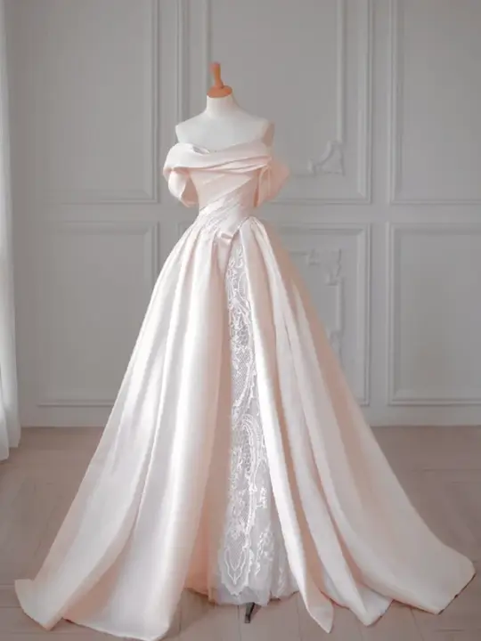 Light pink one-shoulder slim waist satin elegant long dress bridal gown R5881