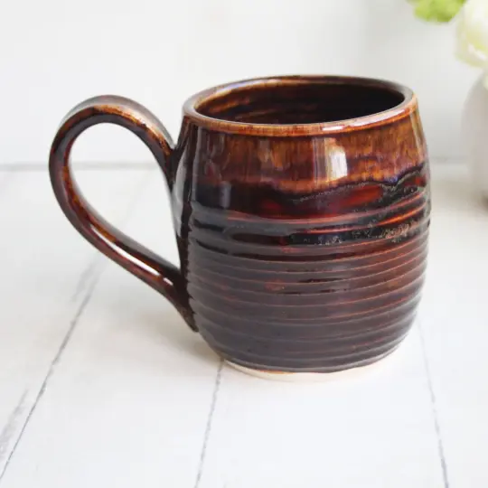 Rich Amber Brown Pottery Mug, 16 Ounce, Made in USA