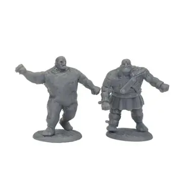 Unpainted 28mm 3D-printed clay golem pair, one bare and unfinished with fist cocked, one clad in glyph carved plate, tabletop RPG miniature for D&D, Pathfinder & wargaming