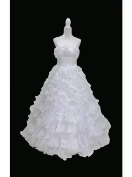 White strapless ball gown with a cinched waist and a voluminous tiered cake skirt; bridal gown R7300