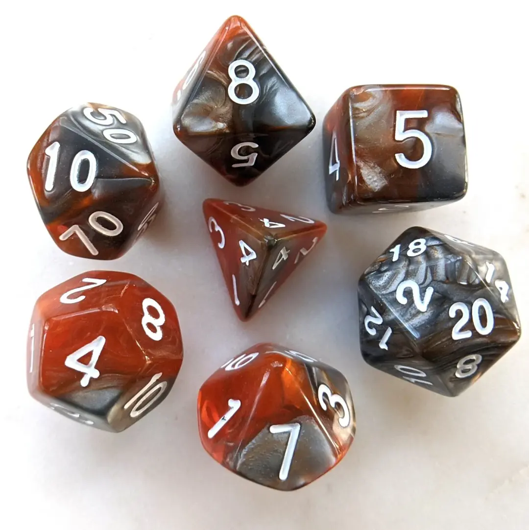 Amber Shard Dice Set – 7-Piece Marbled Orange Yellow Acrylic DnD Dice