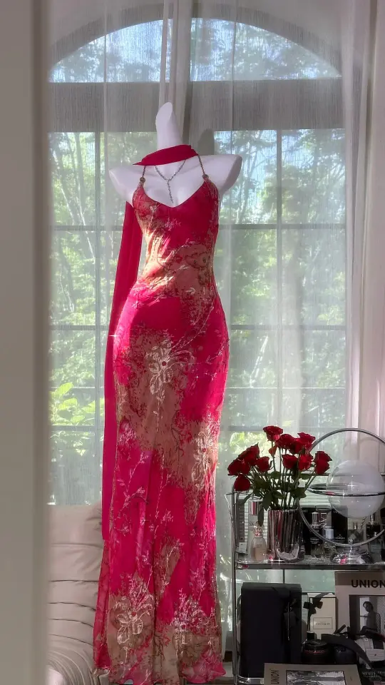 Rose red suspender waist slim backless design hip-hugging maxi dress, prom dress R5425
