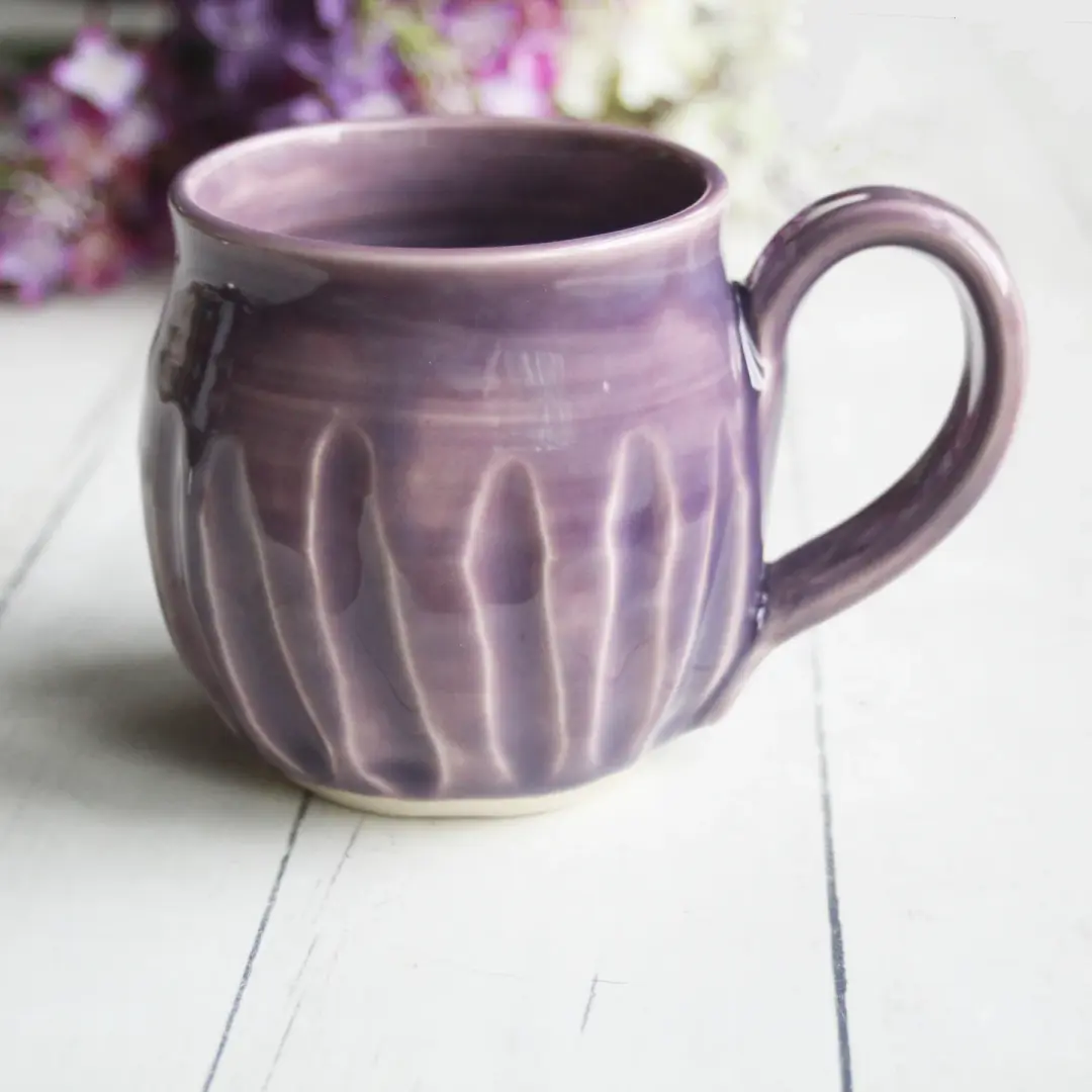 Hand Carved Lilac Stoneware Mug, Unique Pottery Mug, Made in USA