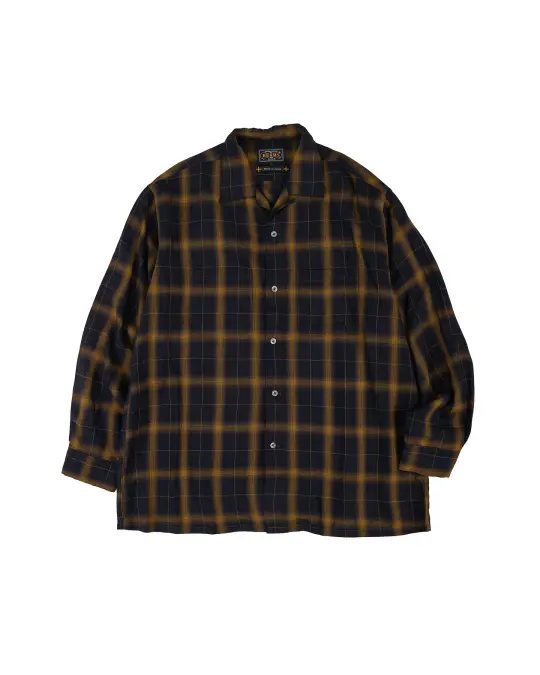 Beams Plus Open Collar Ombre Plaid Black Mustard Ombre