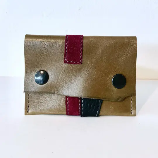 Dark Olive Green, Burgundy & Black Leather Card Case/ Business Card Holder