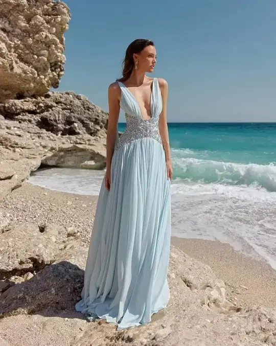 Flowy Deep V-neck Corset Prom Gown , Sexy Blue Women's Maxi Summer Dress Party Dress RS2308
