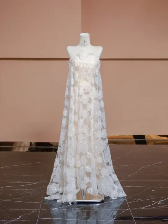 Light apricot halter-neck long straight-cut ball gown, bridal dress R8348