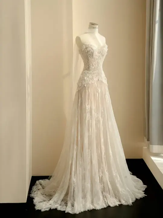 Apricot Strapless Lace Waist Slim A-Line Maxi Dress, prom dress R5686
