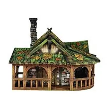 Fully painted 28mm 3D-printed veranda lodge with leaf-strewn green roof — tabletop RPG terrain for D&D, Pathfinder & wargaming