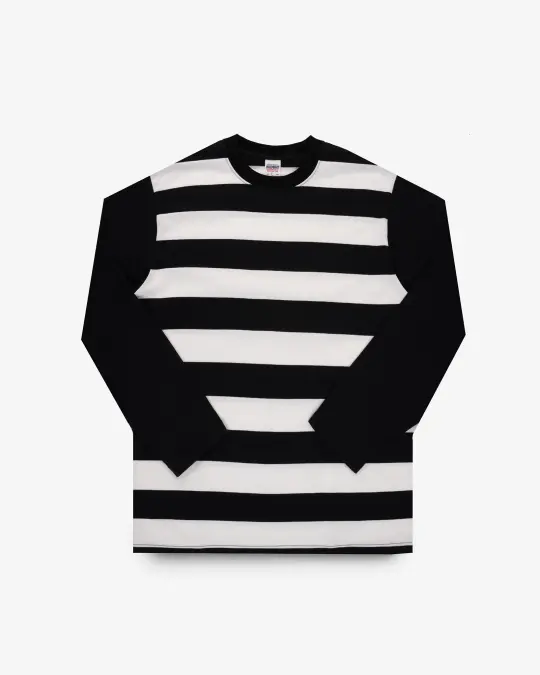 7.5oz Cotton Long-Sleeved Crew Neck Border Tee - Striped Body with Black Arms