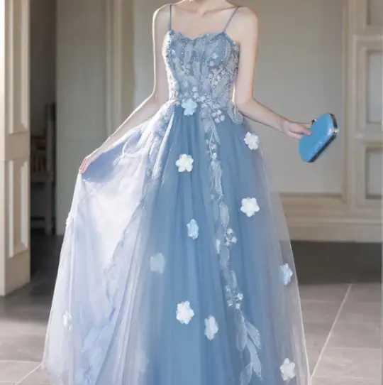 Elegant Blue Prom Gown , Lace Embroidery Tulle Corset Maxi Evening Dress RS1540
